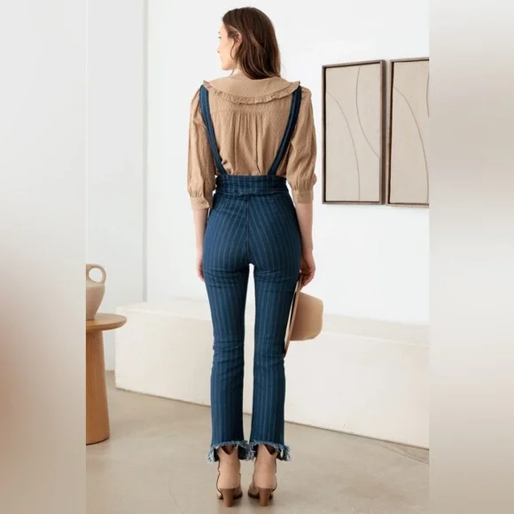 NWT-Striped Pattern Stretched Suspender Denim Jumpsuit - Picture 6 of 7
